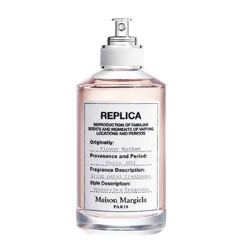 Perfume bottle with white cap and clear body on a white background