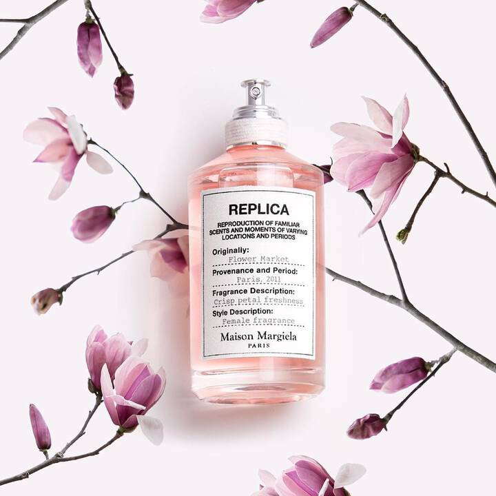 Pink replica perfume bottle with floral background