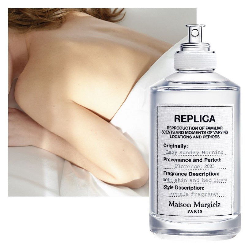 Maison Margiela Lazy Sunday Morning 100ml Eau de Toilette lifestyle image inspired by crisp white linen, soft morning sunlight, fresh flowers and a peaceful bedroom retreat.