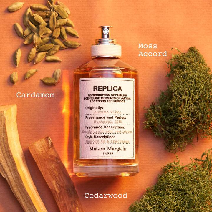 Perfume bottle labeled 'REPLICA' with cardamom, cedarwood, and moss on an orange background