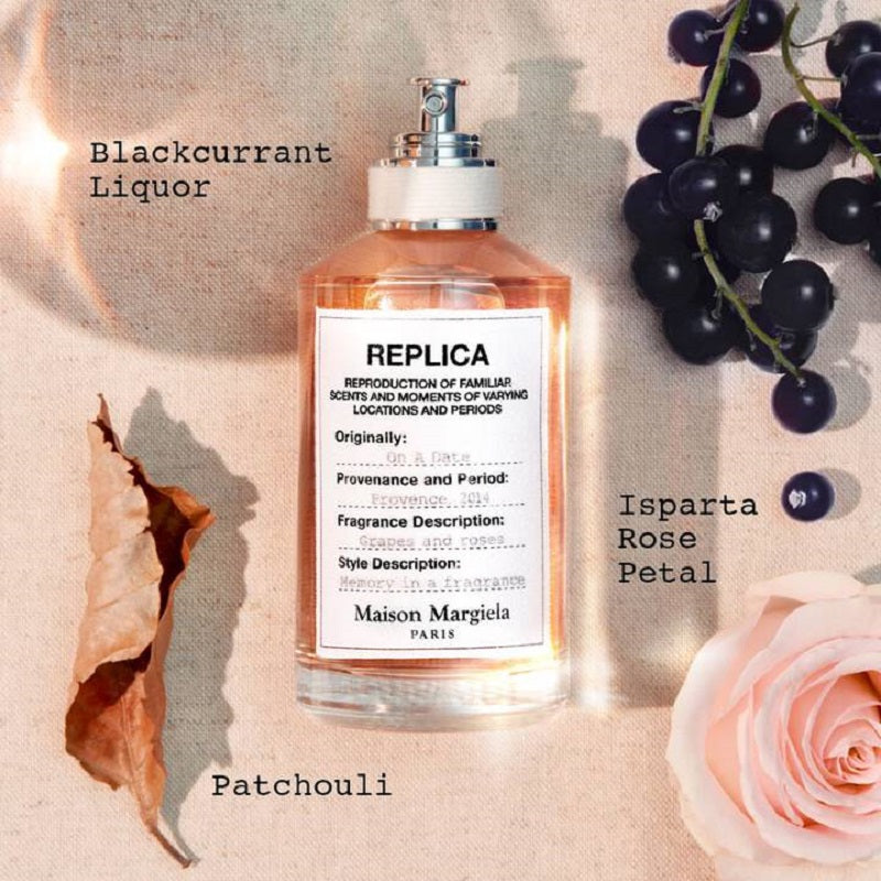 Perfume bottle labeled 'Replica' with blackcurrants and a rose on a textured background