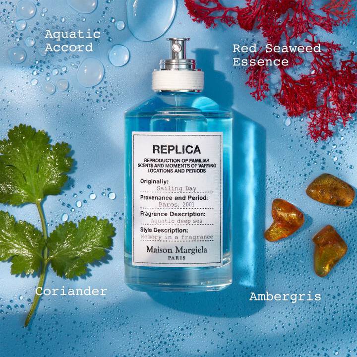 Blue bottle labeled 'REPLICA' with botanical elements on a blue background