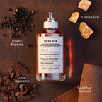 Bottle of 'Replica' with black pepper, labdanum, and oud essence on a brown background