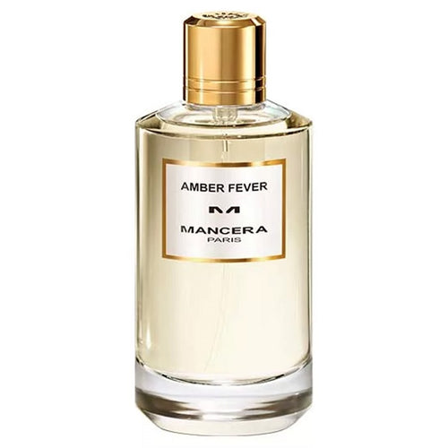 A bottle of Amber Fever Eau de Parfum by Mancera with a clear label and a gold-colored cap.