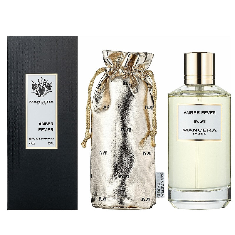Amber Fever Eau de Parfum by Mancera. There are two bottles of perfume, one standing upright and the other lying down, revealing the cap.