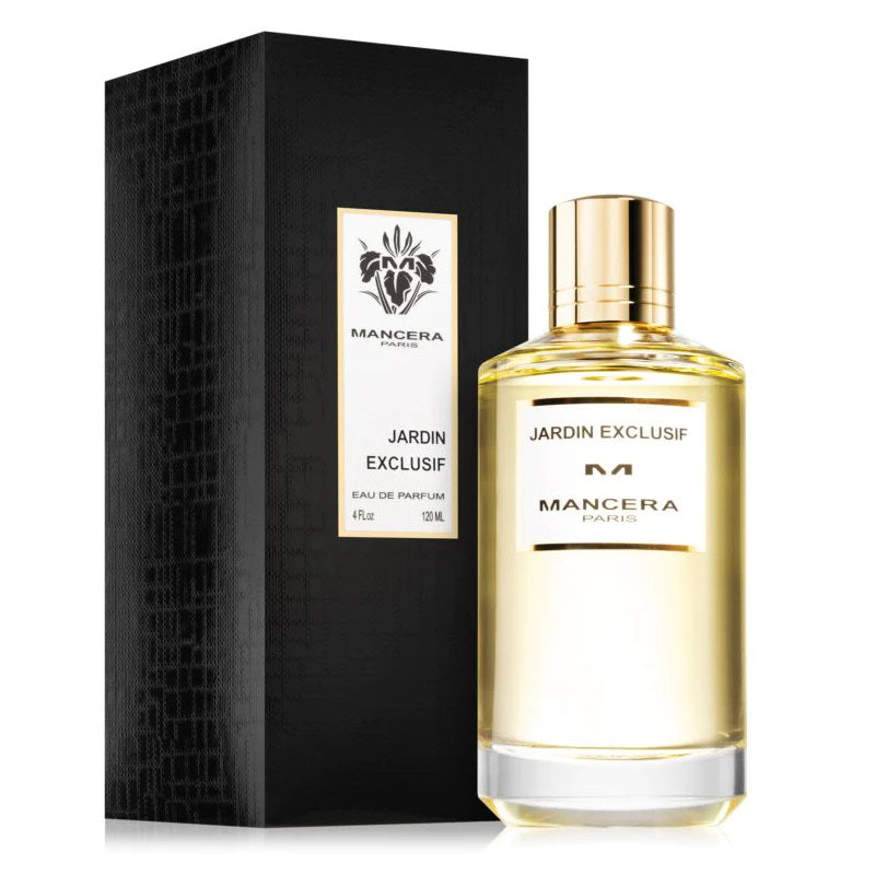 A bottle of 'Jardin Exclusif (120ml) Eau De Parfum by Mancera' with a clear yellow liquid visible inside, alongside its black packaging box.