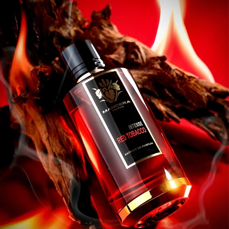 Perfume bottle labeled 'Intense Red Tobacco' by Mancera on a red background with tobacco leaves.