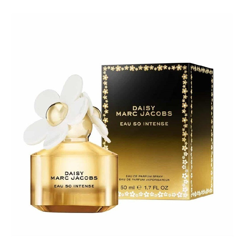Gold perfume bottle and packaging of Daisy Marc Jacobs Eau So Intense on a white background