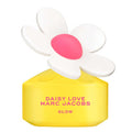 Yellow Marc Jacobs Daisy Love perfume bottle with a white flower design on a white background