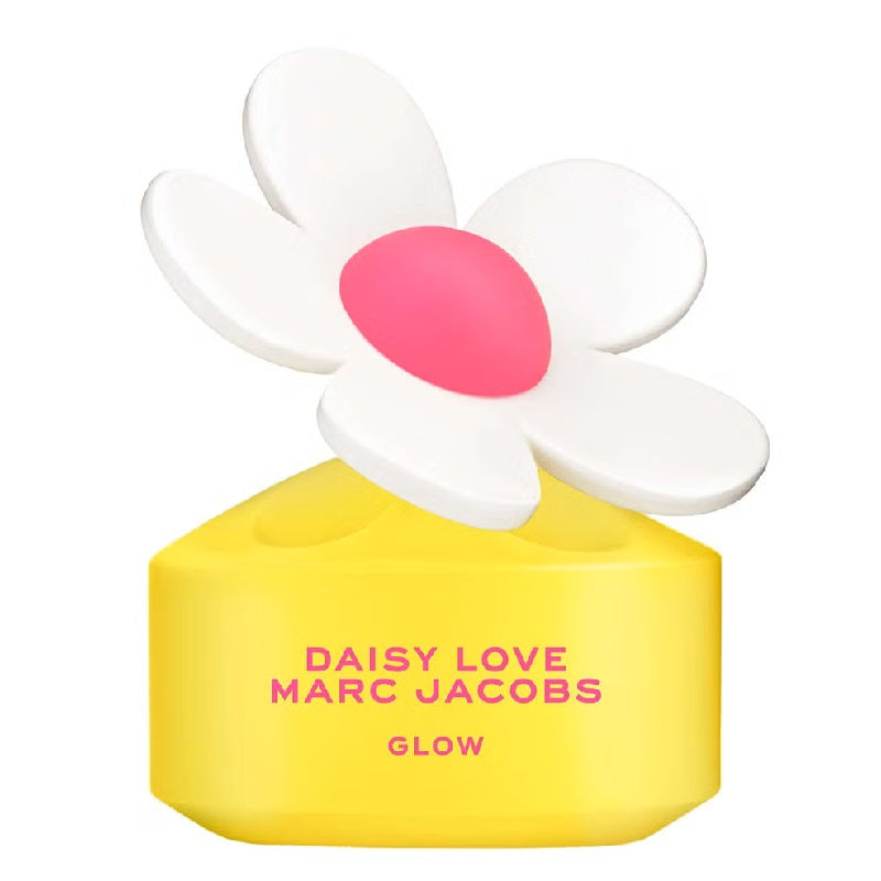Yellow Marc Jacobs Daisy Love perfume bottle with a white flower design on a white background