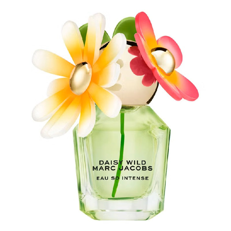 Marc Jacobs Daisy Wild Eau So Intense perfume bottle with floral design on a white background