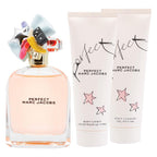Marc Jacobs Perfect perfume bottle and body care products on a white background