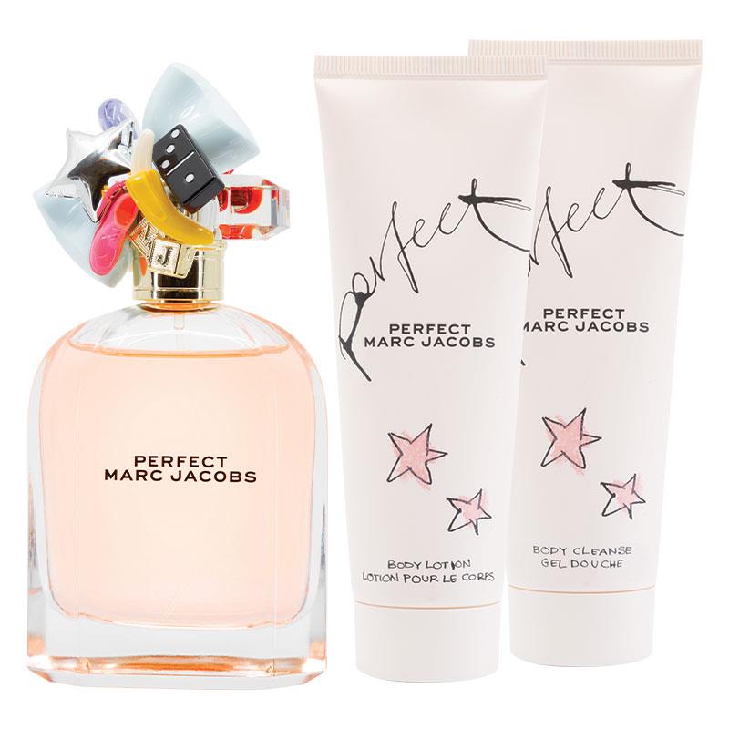 Marc Jacobs Perfect perfume bottle and body care products on a white background