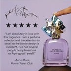 Purple perfume bottle with star-shaped cap on a light purple background, featuring a five-star rating and customer review.