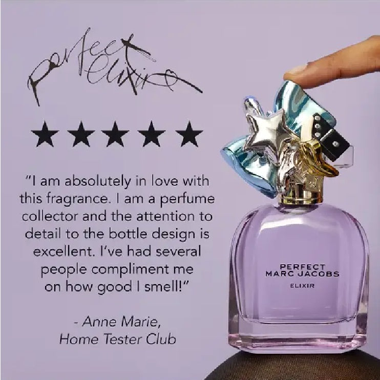 Purple perfume bottle with star-shaped cap on a light purple background, featuring a five-star rating and customer review.