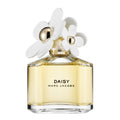 A glass bottle of 'Daisy' Eau de Toilette by Marc Jacobs with a white cap decorated with a daisy flower design.