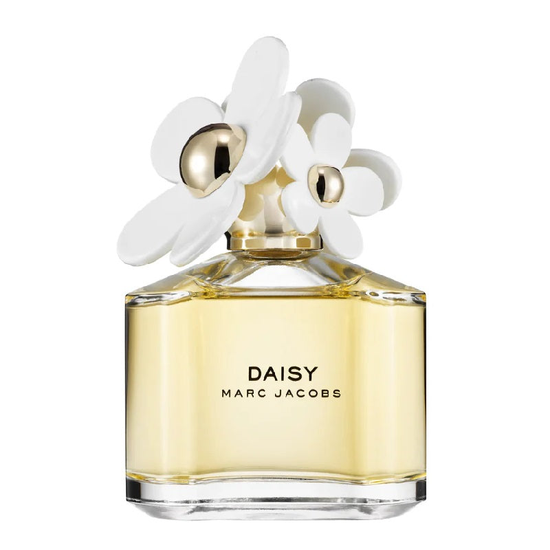 A glass bottle of 'Daisy' Eau de Toilette by Marc Jacobs with a white cap decorated with a daisy flower design.