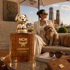 MCM Charming Pup Eau de Parfum bottle in the foreground with a gold dog-shaped cap, set on a table in front of a woman and a dog sitting on a sofa in an outdoor setting with MCM umbrellas and Munich cityscape in the background.