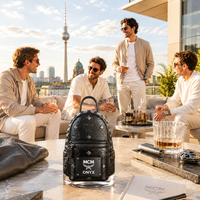A black textured leather MCM Onyx backpack stands on a clear glass base on a rooftop terrace, with four men in light-colored suits gathered around it in a warm outdoor setting. The MCM logo and Onyx branding are clearly visible on the front of the bag.