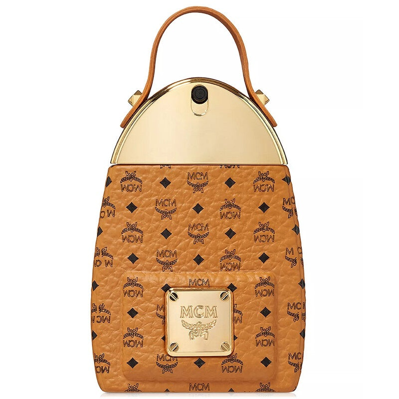 Brown leather handbag with gold accents on a white background