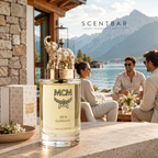 MCM Zen Elephant Eau de Parfum bottle in the foreground on a stone patio, with its branded box beside it and three people seated outdoors by a lake with mountains in the background. The bottle has a gold elephant-shaped cap and clear glass showing pale yellow liquid.