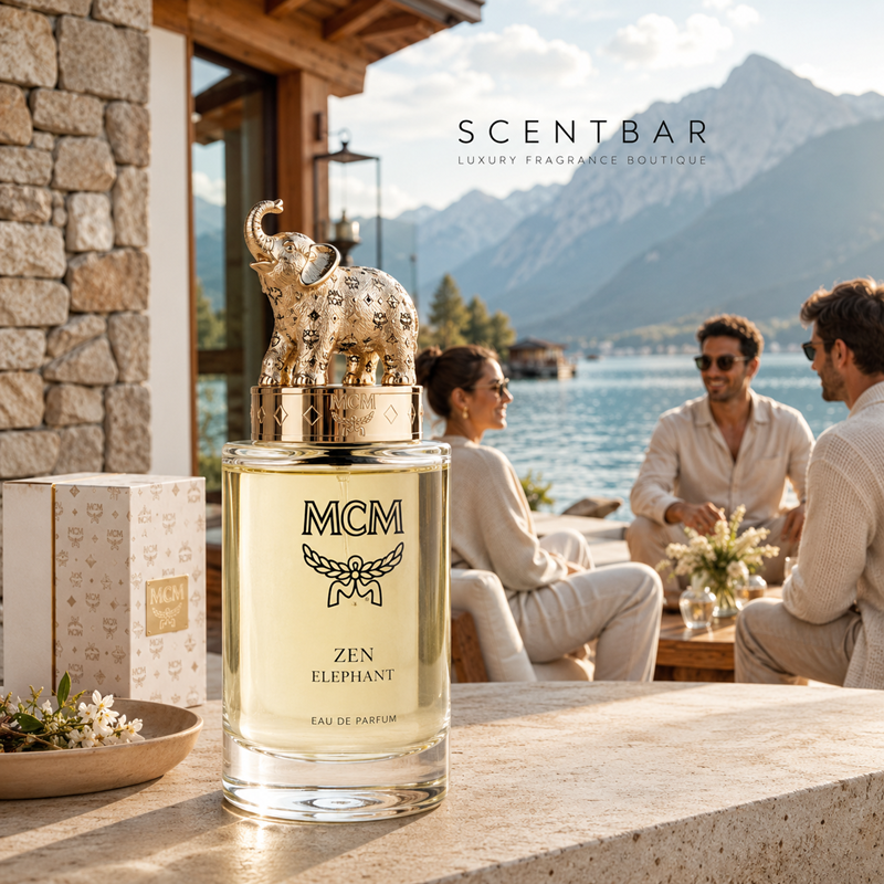 MCM Zen Elephant Eau de Parfum bottle in the foreground on a stone patio, with its branded box beside it and three people seated outdoors by a lake with mountains in the background. The bottle has a gold elephant-shaped cap and clear glass showing pale yellow liquid.