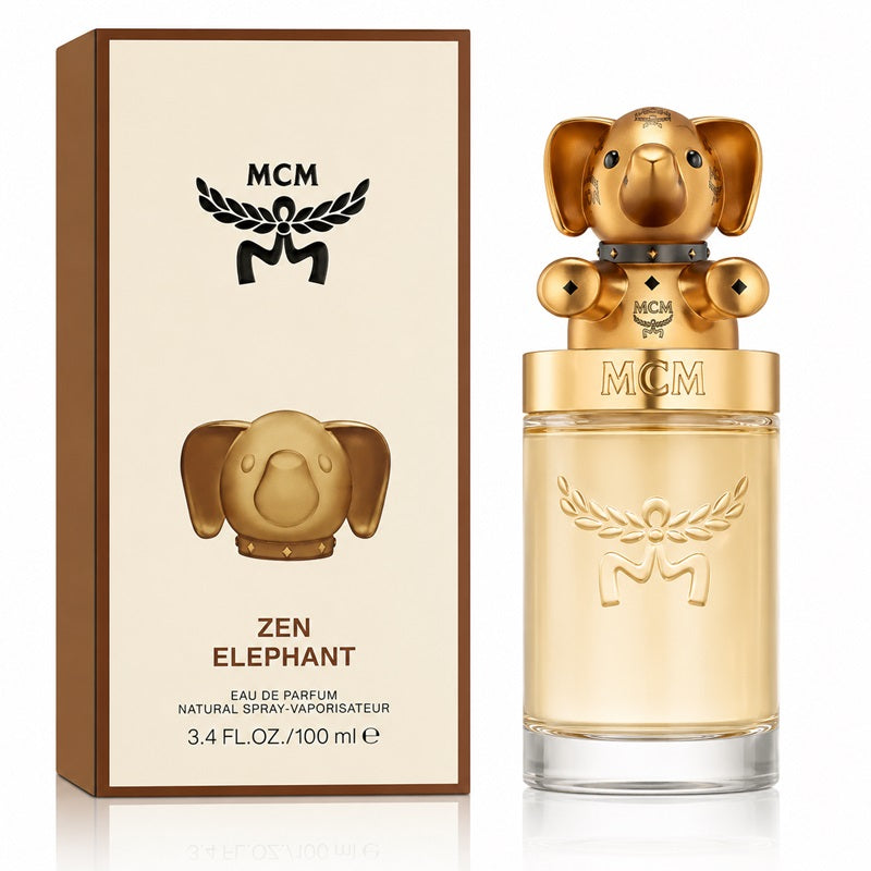 MCM Zen Elephant Eau de Parfum bottle and its retail box, featuring a gold elephant-shaped cap and a beige box with brown borders.