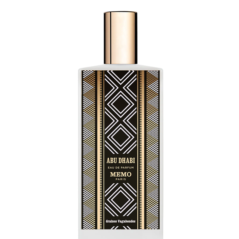 Memo Paris Abu Dhabi 75ml Eau de Parfum frosted-white rectangular bottle with gold cap and geometric Al-Sadu inspired decoration on white.