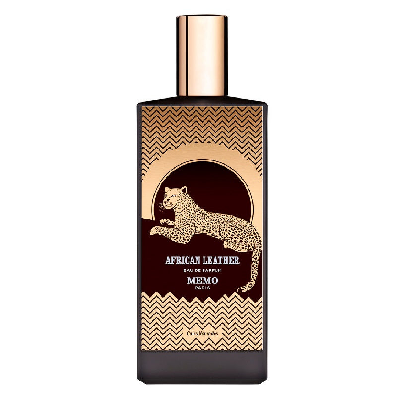 Perfume bottle with leopard design and 'Memo Paris' branding on a white background