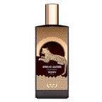Perfume bottle with leopard design and 'Memo Paris' branding on a white background