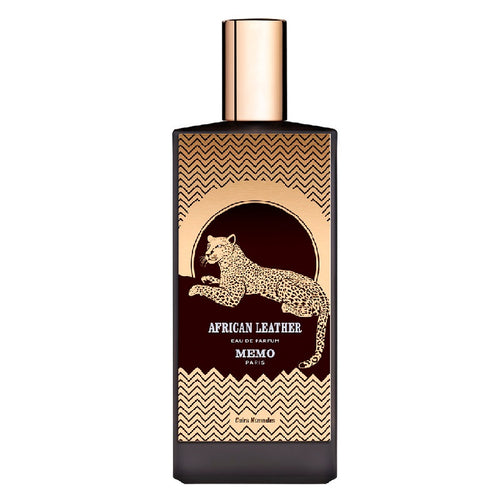 Perfume bottle with leopard design and 'Memo Paris' branding on a white background