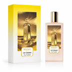 A perfume bottle and its matching box from MEMO PARIS, Cap Camarat, featuring a golden-yellow lighthouse illustration on a white and yellow gradient background.