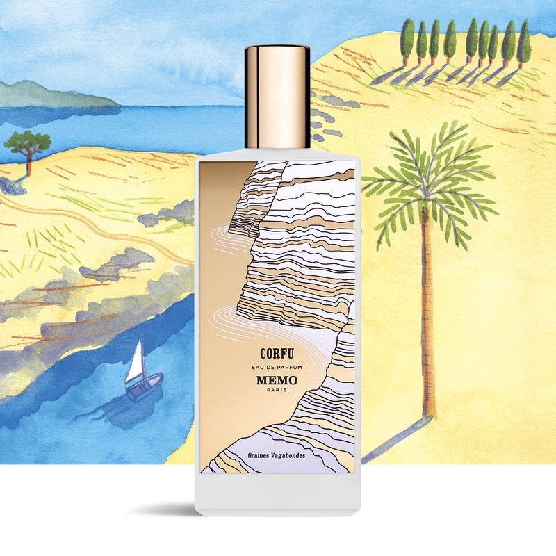 Perfume bottle labeled 'Corfu' by Memo Paris with a scenic background of trees and water.