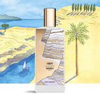 Perfume bottle labeled 'Corfu' by Memo Paris with a scenic background of trees and water.