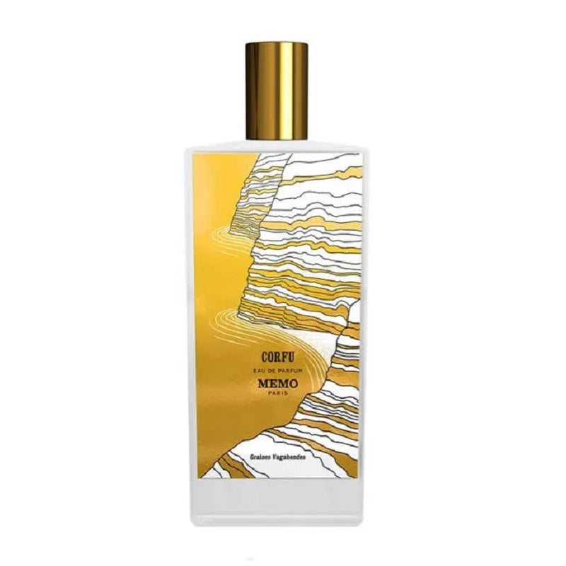 Perfume bottle with gold cap and abstract design on a white background