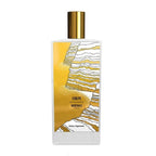 Perfume bottle with gold cap and abstract design on a white background