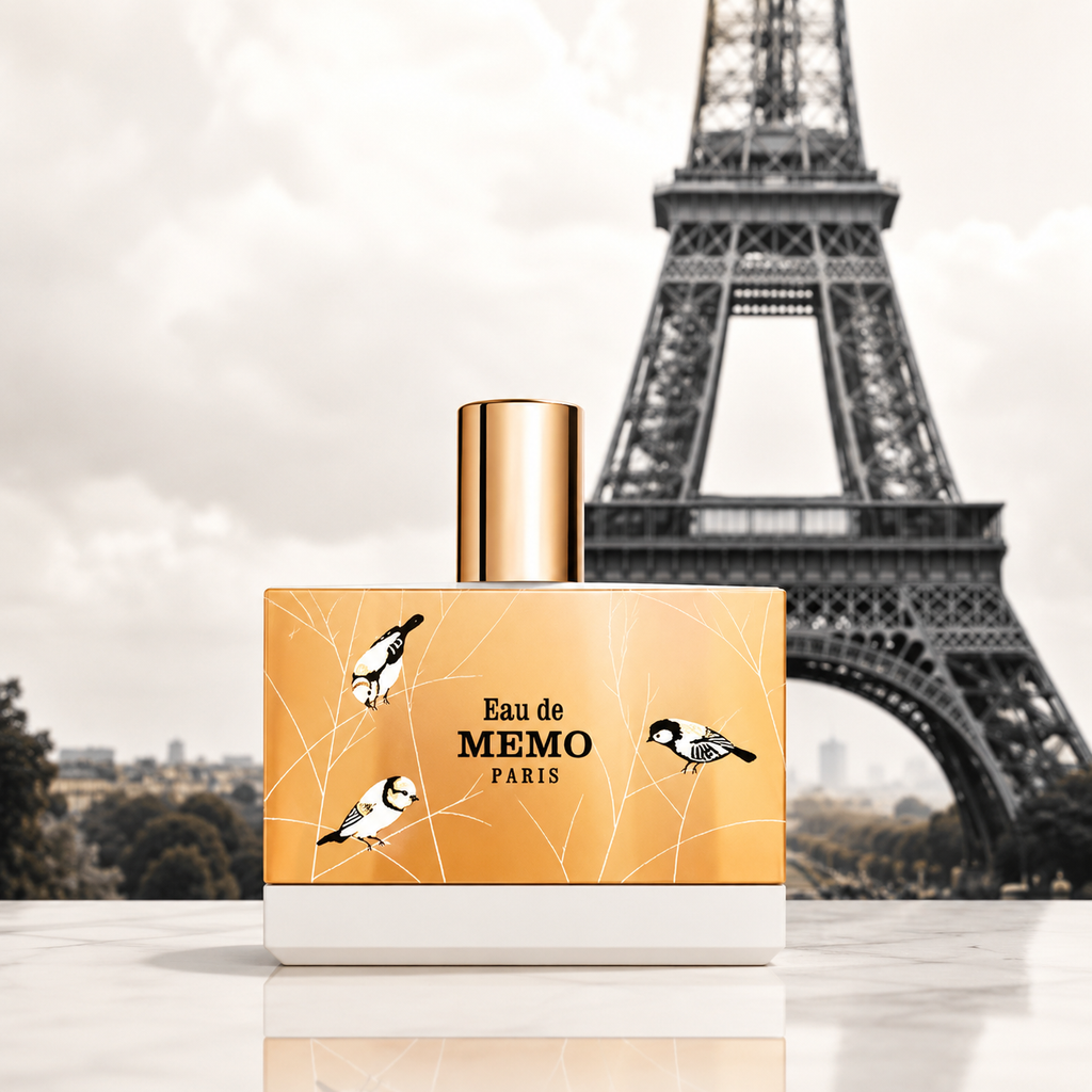 A perfume bottle labeled 'Eau de MEMO PARIS' with a gold cap and a gold label decorated with black-and-white birds, set against a blurred Eiffel Tower background.