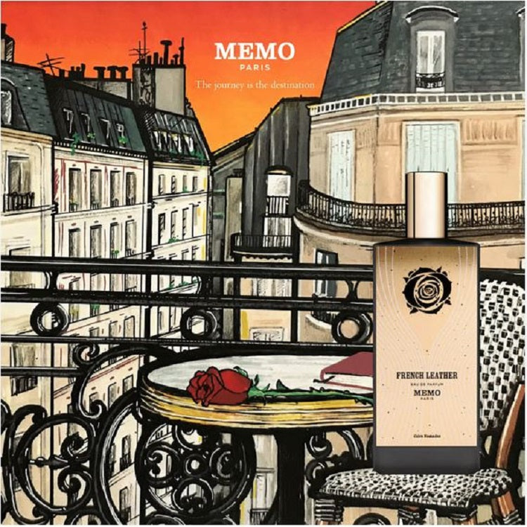 Memo Paris perfume bottle with a scenic illustration of a Parisian balcony in the background