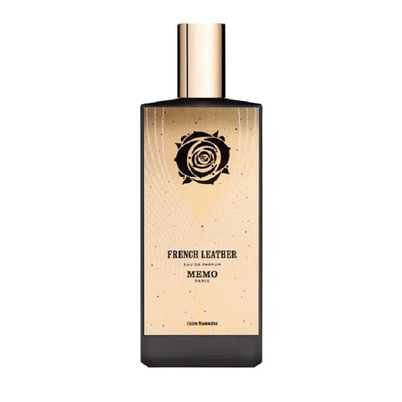 Perfume bottle labeled 'French Leather' by Memo on a white background
