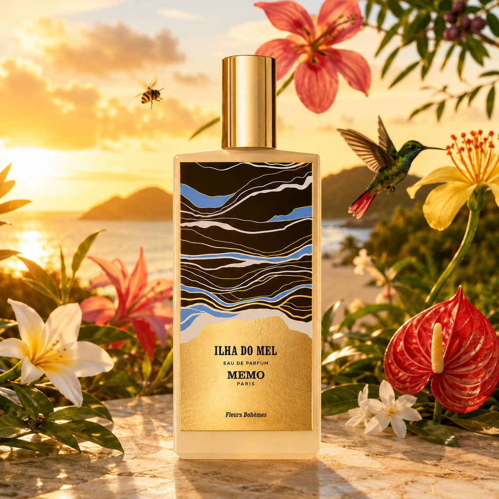 A bottle of Memo Paris 'Ilha do Mel' Eau de Parfum stands on a stone surface surrounded by tropical flowers and a sunset seascape background. The bottle has a gold cap and a label with black, white, and blue wavy lines over a gold lower section.