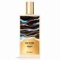 A rectangular perfume bottle with a gold cap, featuring a label with an abstract black, white, and light blue wavy pattern on the upper half and a textured gold lower half. The text on the bottle reads 'ILHA DO MEL', 'EAU DE PARFUM', 'MEMO', and 'Fleurs Robines'.