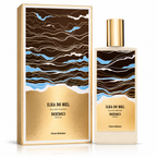 A perfume bottle and its matching box for 'ILHA DO MEL MEMO PARIS' by Fleurs Robliotans. The packaging features a gold and brown abstract wave pattern with light blue accents, and a textured gold lower section.