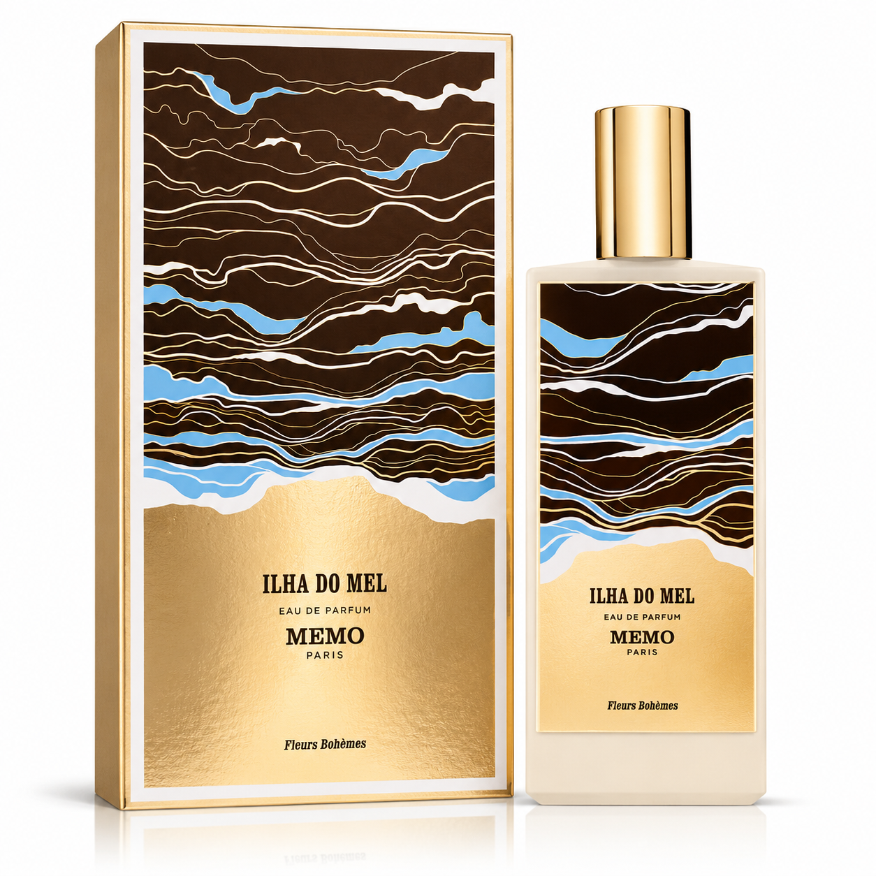 A perfume bottle and its matching box for 'ILHA DO MEL MEMO PARIS' by Fleurs Robliotans. The packaging features a gold and brown abstract wave pattern with light blue accents, and a textured gold lower section.