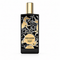 A rectangular black perfume bottle with a gold cap, featuring an abstract black and gold horse pattern on the label. The label reads 'IRISH LEATHER', 'EAU DE PARFUM', 'MEMO PARIS', and 'Gouru Nomade'.