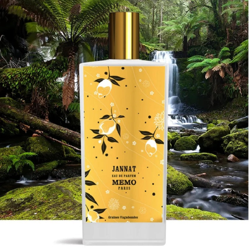 Perfume bottle with yellow label against a natural background