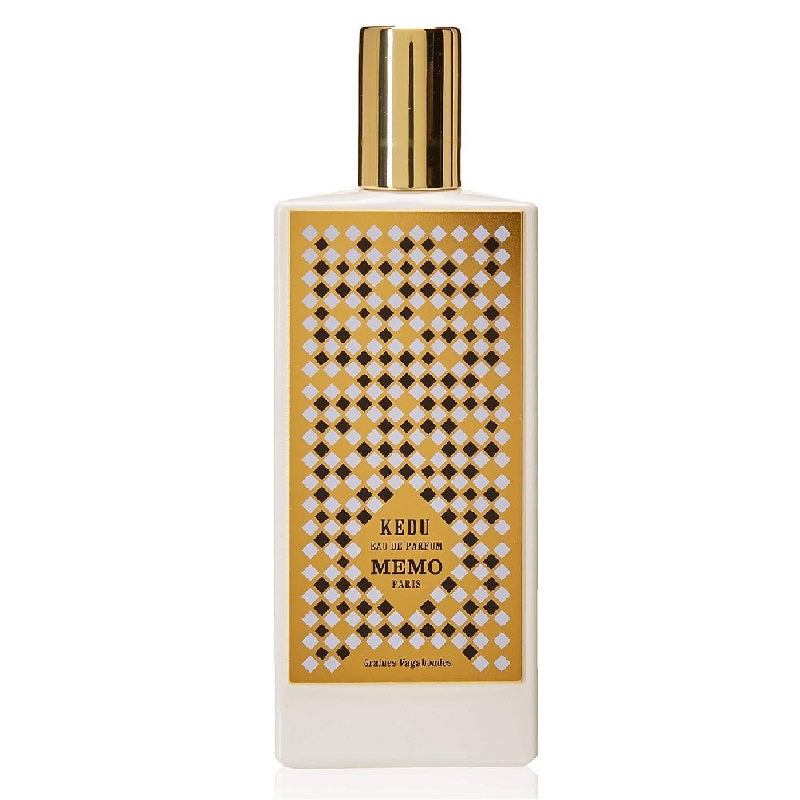Perfume bottle with gold cap and patterned label on a white background