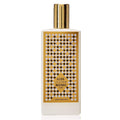 Perfume bottle with gold cap and patterned label on a white background