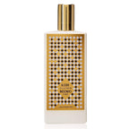 Perfume bottle with gold cap and patterned label on a white background