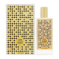 Perfume bottle and packaging with yellow and black pattern on a white background