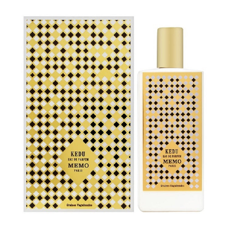 Perfume bottle and packaging with yellow and black pattern on a white background